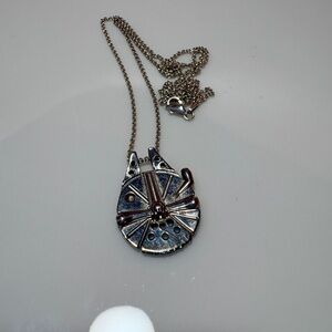 Silver Spaceship Pendant Necklace blue stones encrusted